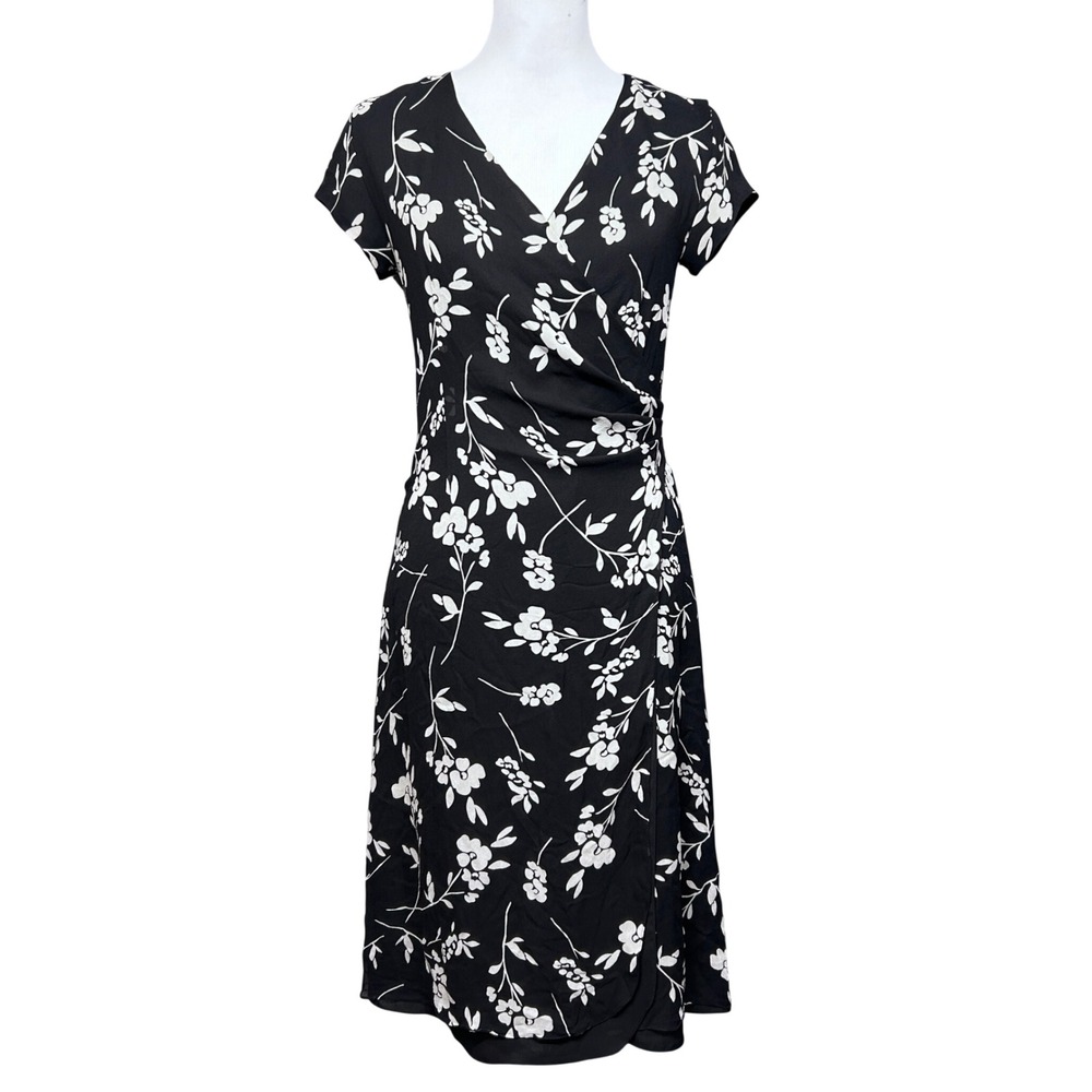 Casual Corner Silk Floral Wrap Midi Dress Women 4 Black White V-Neck Cottagecore